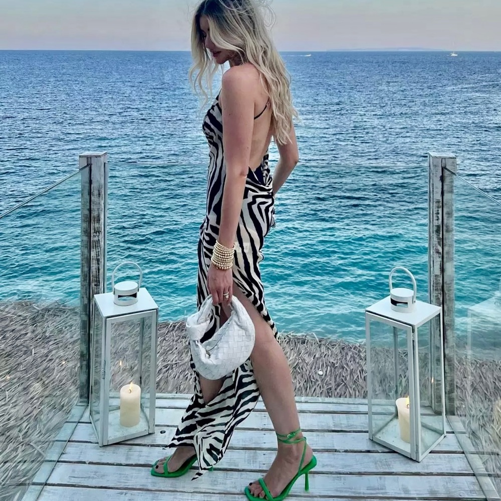 Zebra Print Spaghetti Strap Side Split Plunging Open Back Loose Fit Maxi Dress - Picture 12 of 14